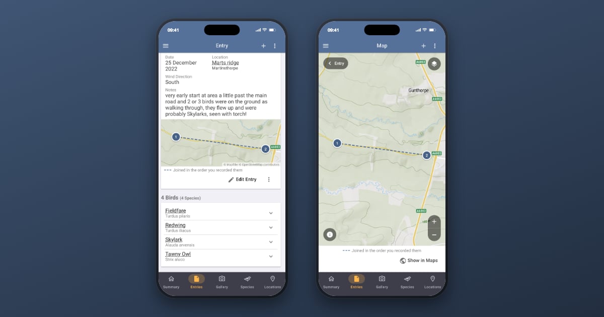 Two phones showing Bird Journal: on one, an entry's card carrying a small map of the two places recorded that morning, joined by a dashed line; on the other, the same map opened full-screen