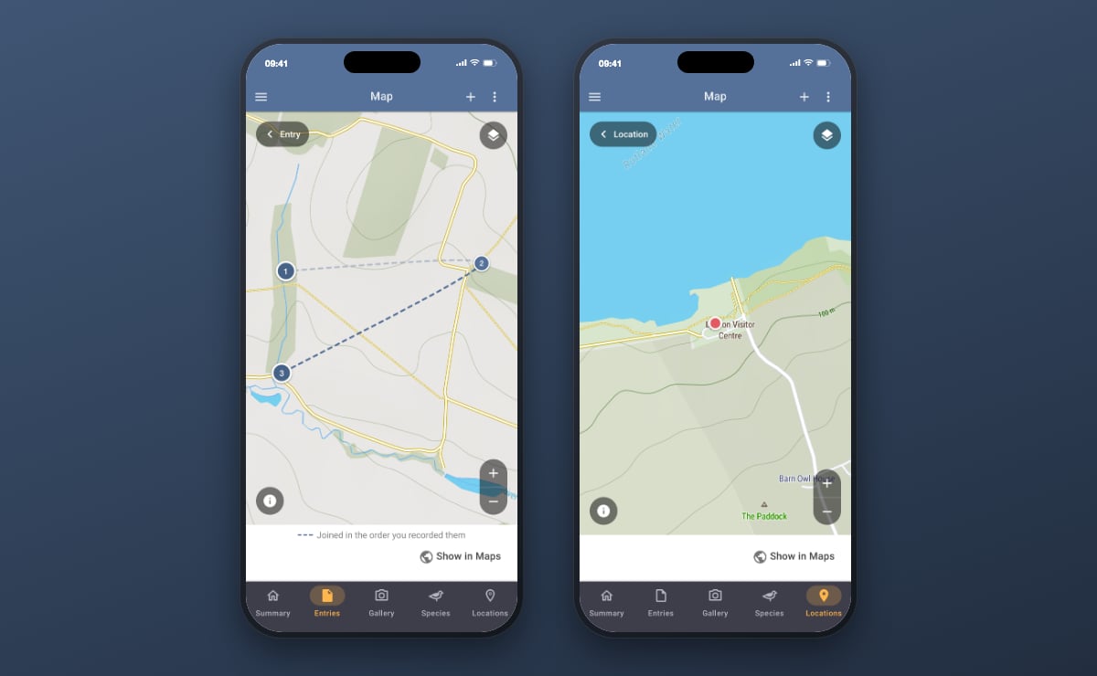 Two phones showing full-screen maps: an entry's three numbered stops joined by a dashed line across farmland, and a location pin beside a reservoir with named buildings, tracks and contour lines around it