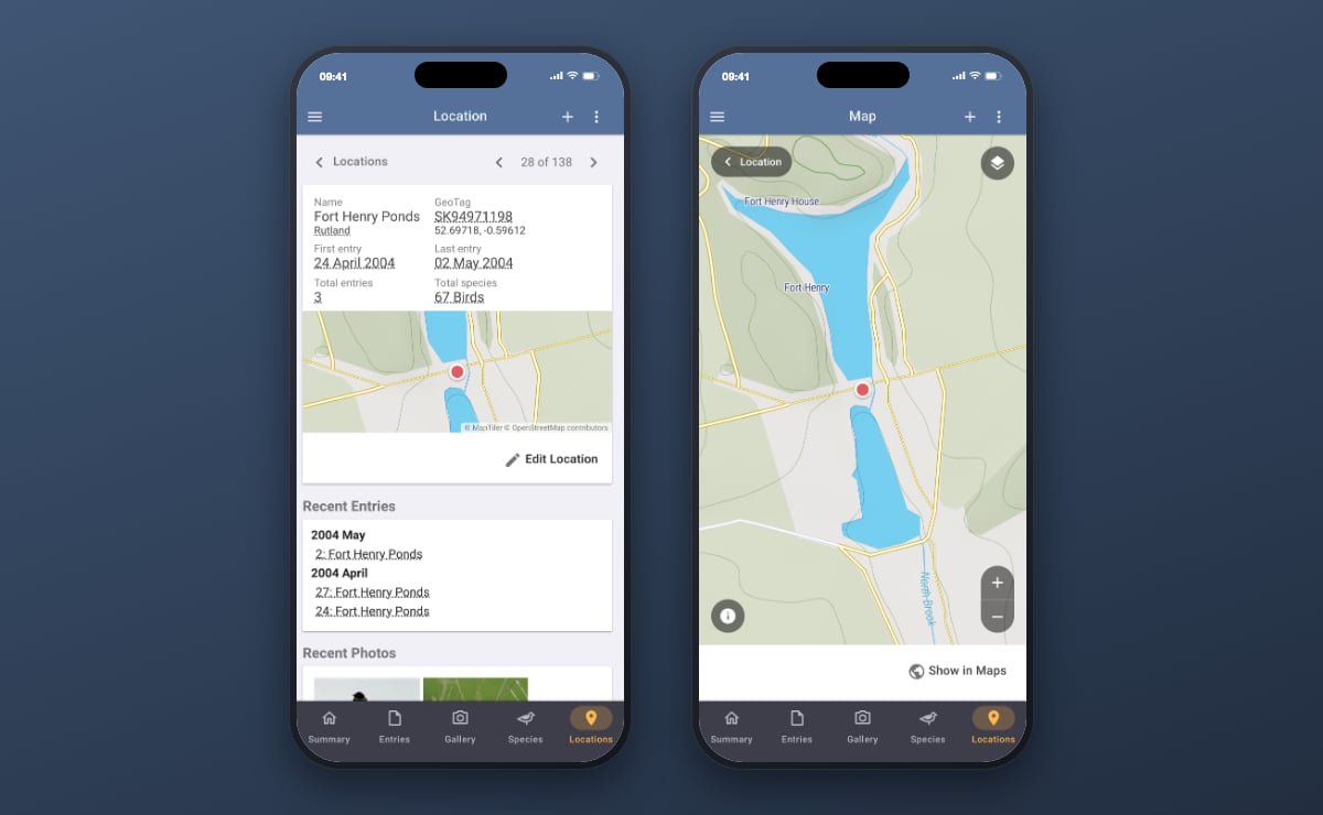 Two phones: a location card for Fort Henry Ponds showing its name, grid reference and a map with a single pin above an Edit Location button, and the same map opened full-screen