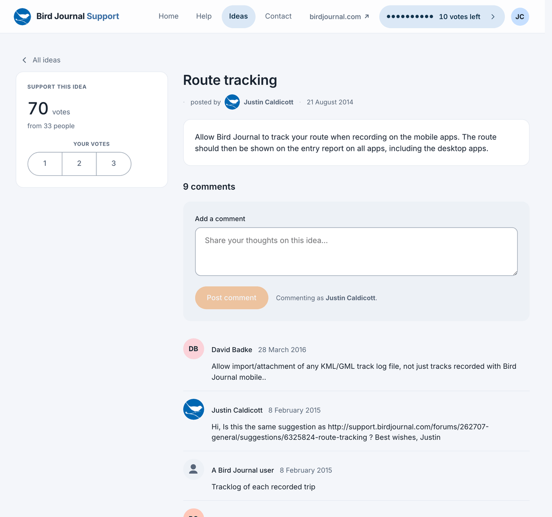 An idea page: seventy votes from thirty-three people, the vote control, and comments dating back to 2014 carried across from the old site