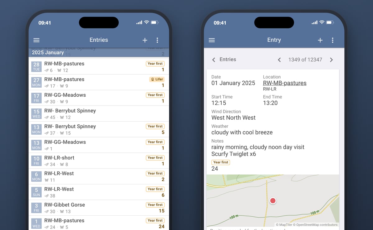 Two phones, close up: on the left, the entries list for January 2025, with a Year first or Lifer badge and a count at the end of nearly every row, down to 24 year firsts on 1 January; on the right, the 1 January entry opened, its card showing a Year first badge with 24 beneath it