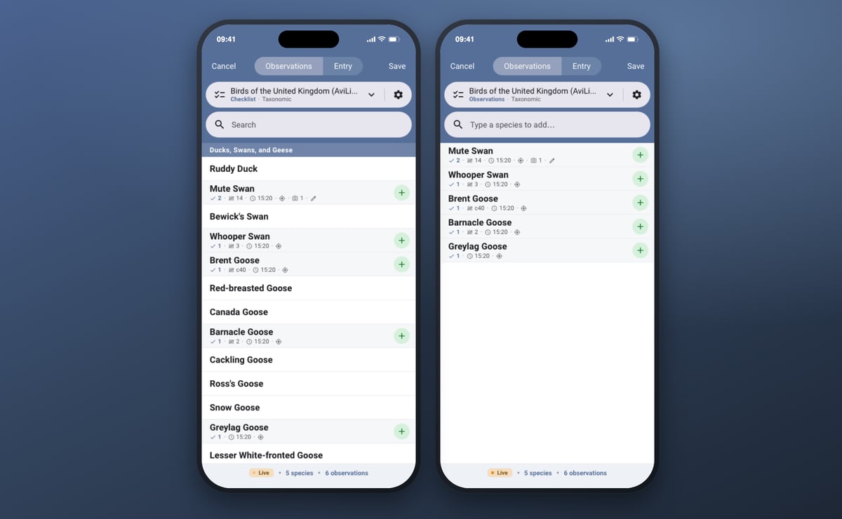 The full checklist on one phone and the same session in Observations mode on another, listing only the five species recorded