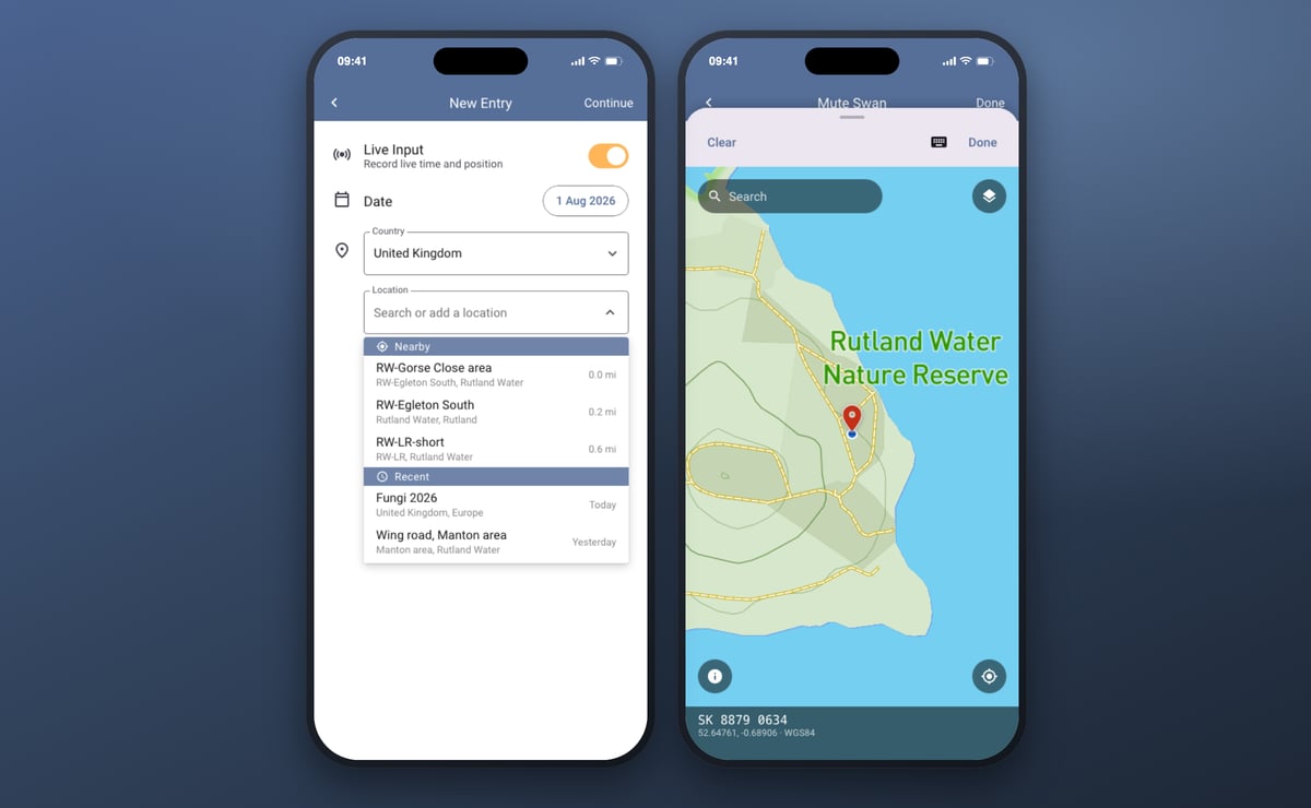 The new entry screen offering nearby locations first, and the position picker showing an observation on the map