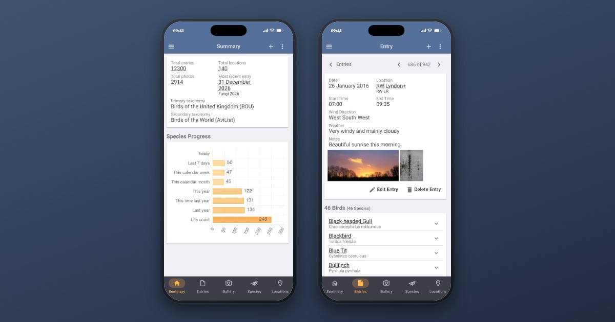Two phones side by side showing Bird Journal, each with a bar of five tabs along the bottom — Summary, Entries, Gallery, Species and Locations — with a different tab highlighted on each