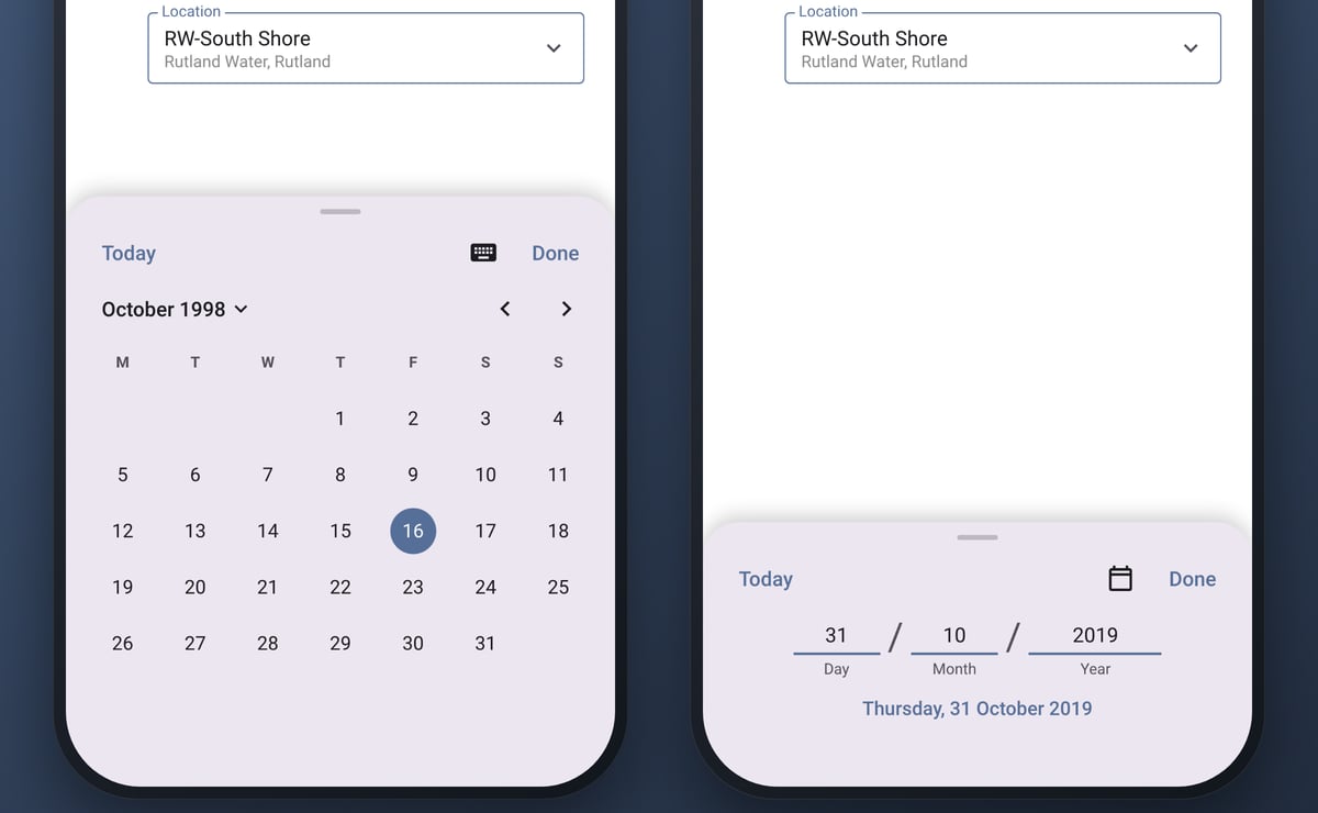 Two phones, close up: on the left, the date sheet showing October 1998 with the 16th picked, a flick and a tap from today; on the right, the same sheet in typed mode, with 31 / 10 / 2019 in the day, month and year fields and "Thursday, 31 October 2019" read back beneath