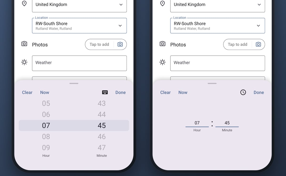 Two phones, close up, on the Entry tab with the start time set to 07:45: on the left, the time sheet's roller, with 07 and 45 in the selection band; on the right, the same sheet in typed mode, with 07 and 45 in the hour and minute fields