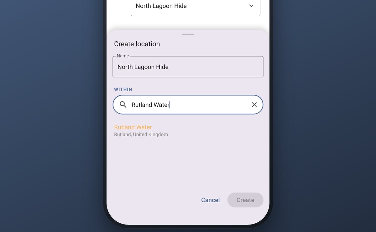 The Create location sheet on a phone: a new location named North Lagoon Hide, and under Within, a search for Rutland Water finding the reserve, listed as Rutland Water in Rutland, United Kingdom